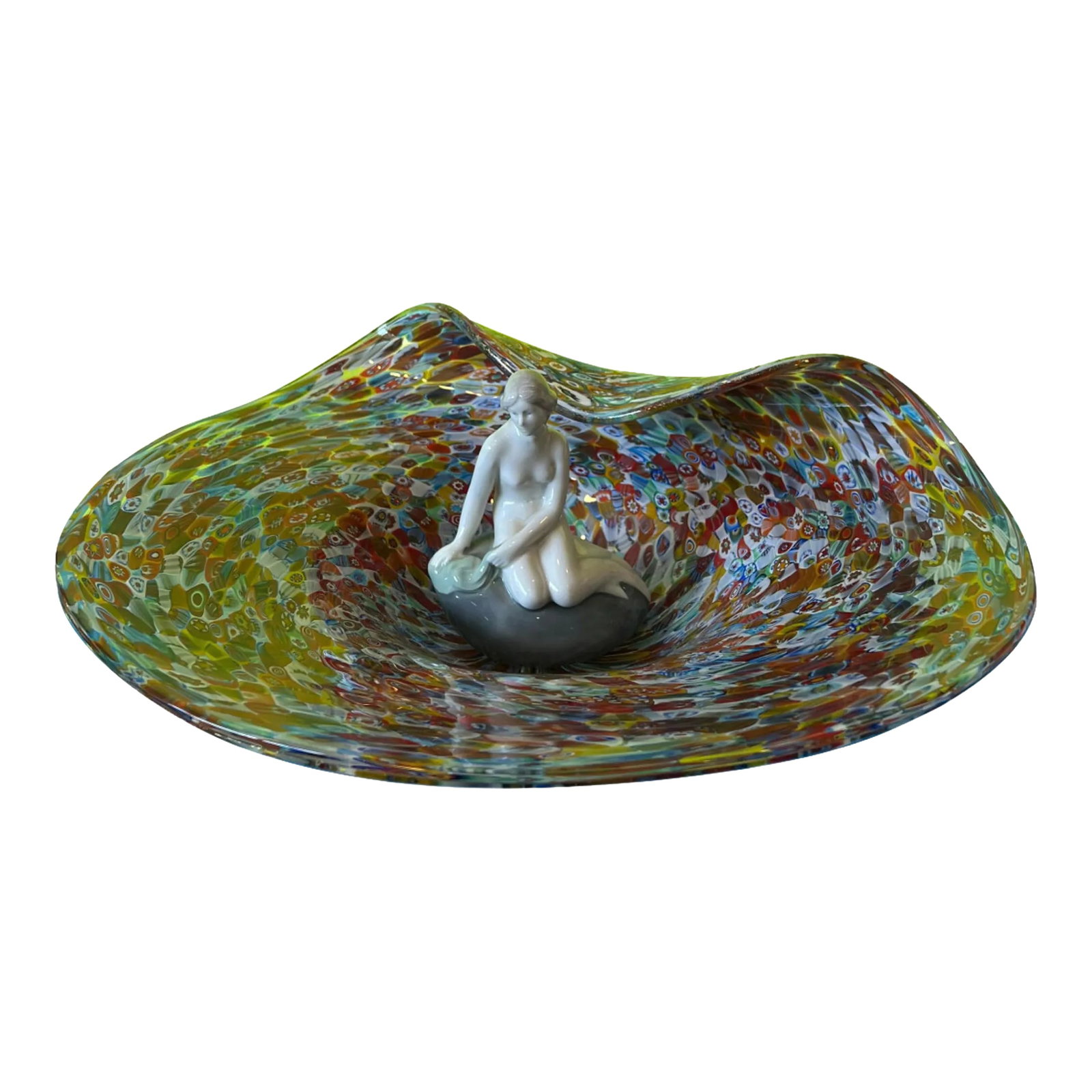 Royal Copenhagen Porcelain Little Mermaid and Venetian Millefiori Glass Centerpiece Bowl- a Set: This stunning vintage Murano Art Glass centerpiece bowl is a true masterpiece of Italian craftsmanship. Hand-blown by skilled artisans, the bowl measures a generous 16 inches in diameter and features