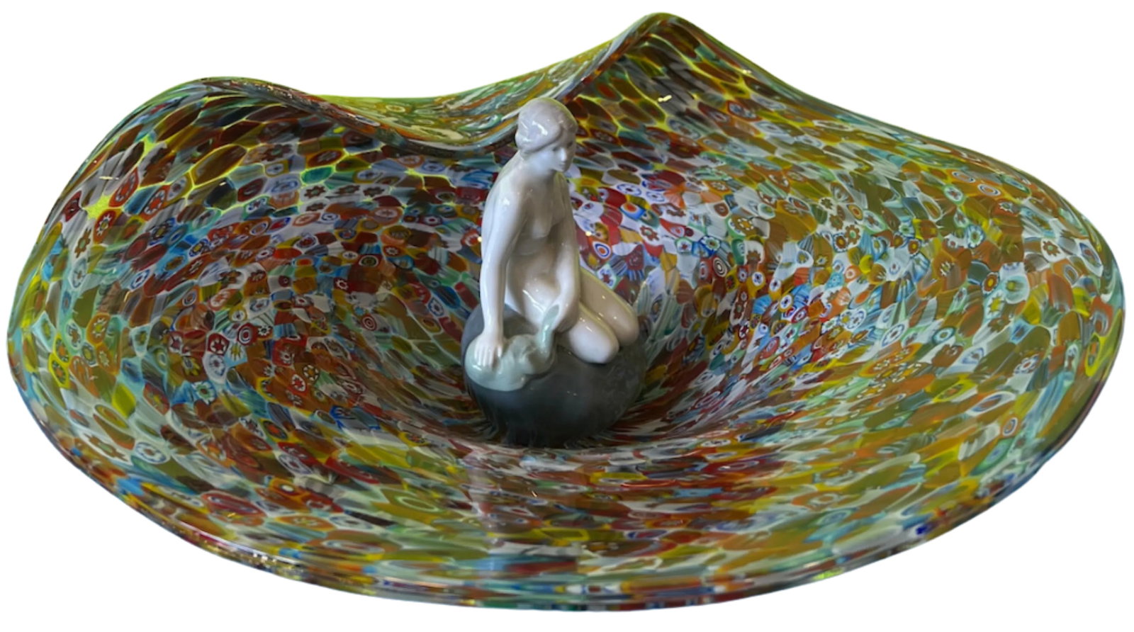 Royal Copenhagen Porcelain Little Mermaid and Venetian Millefiori Glass Centerpiece Bowl- a Set - 2