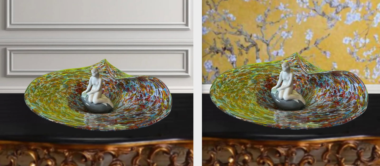Royal Copenhagen Porcelain Little Mermaid and Venetian Millefiori Glass Centerpiece Bowl- a Set - 7
