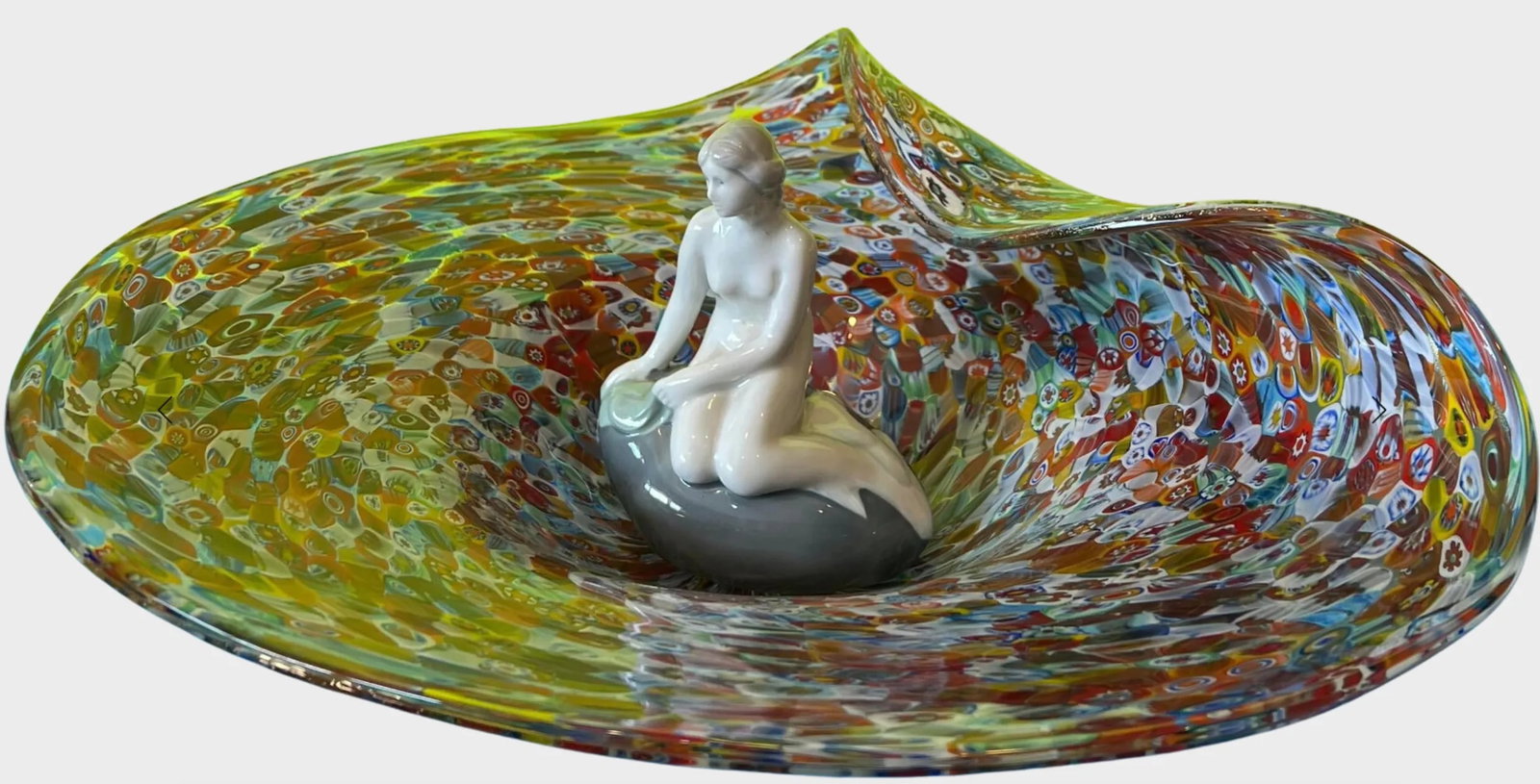 Royal Copenhagen Porcelain Little Mermaid and Venetian Millefiori Glass Centerpiece Bowl- a Set - 9