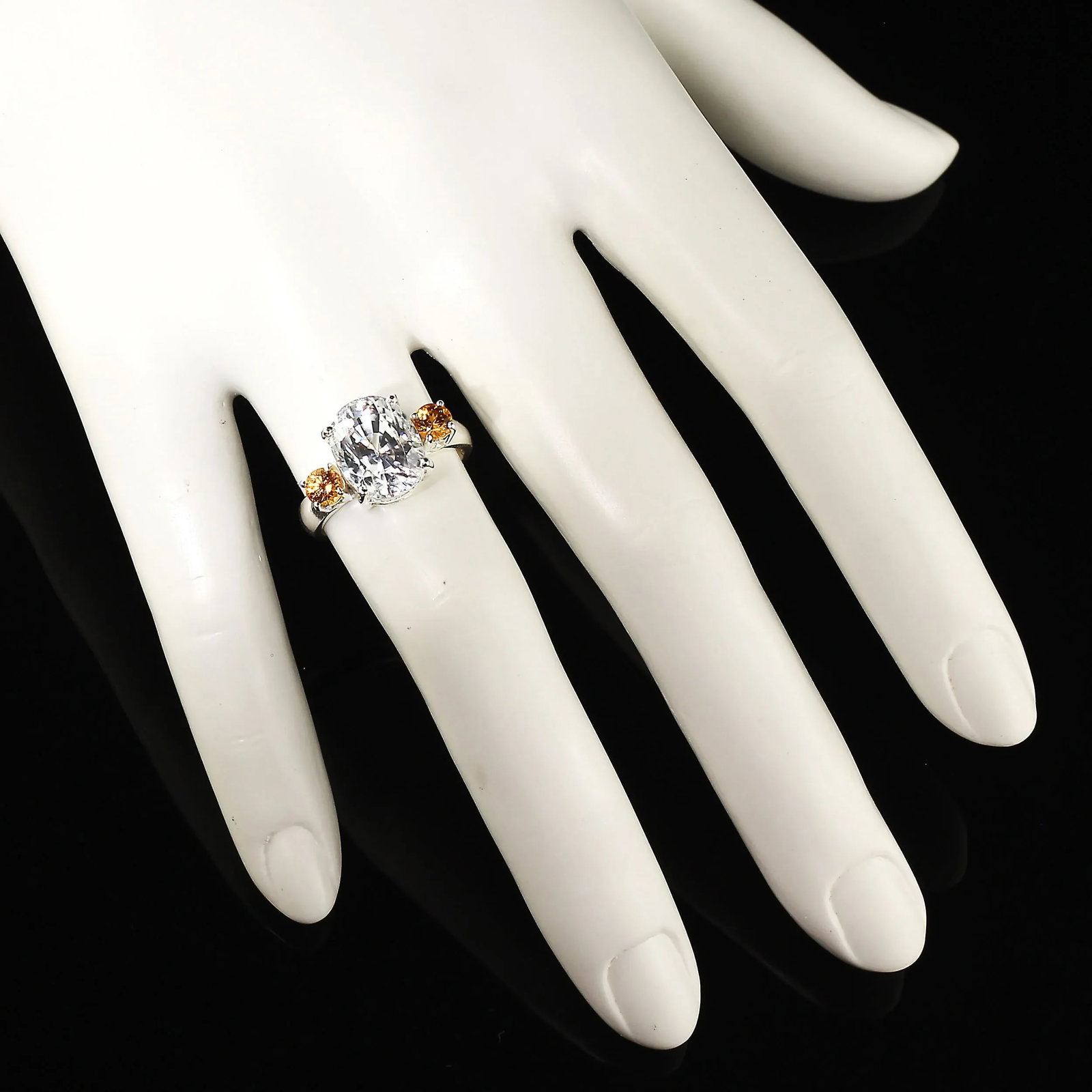 White Genuine Zircon and Mandarin Garnet Ring - 2