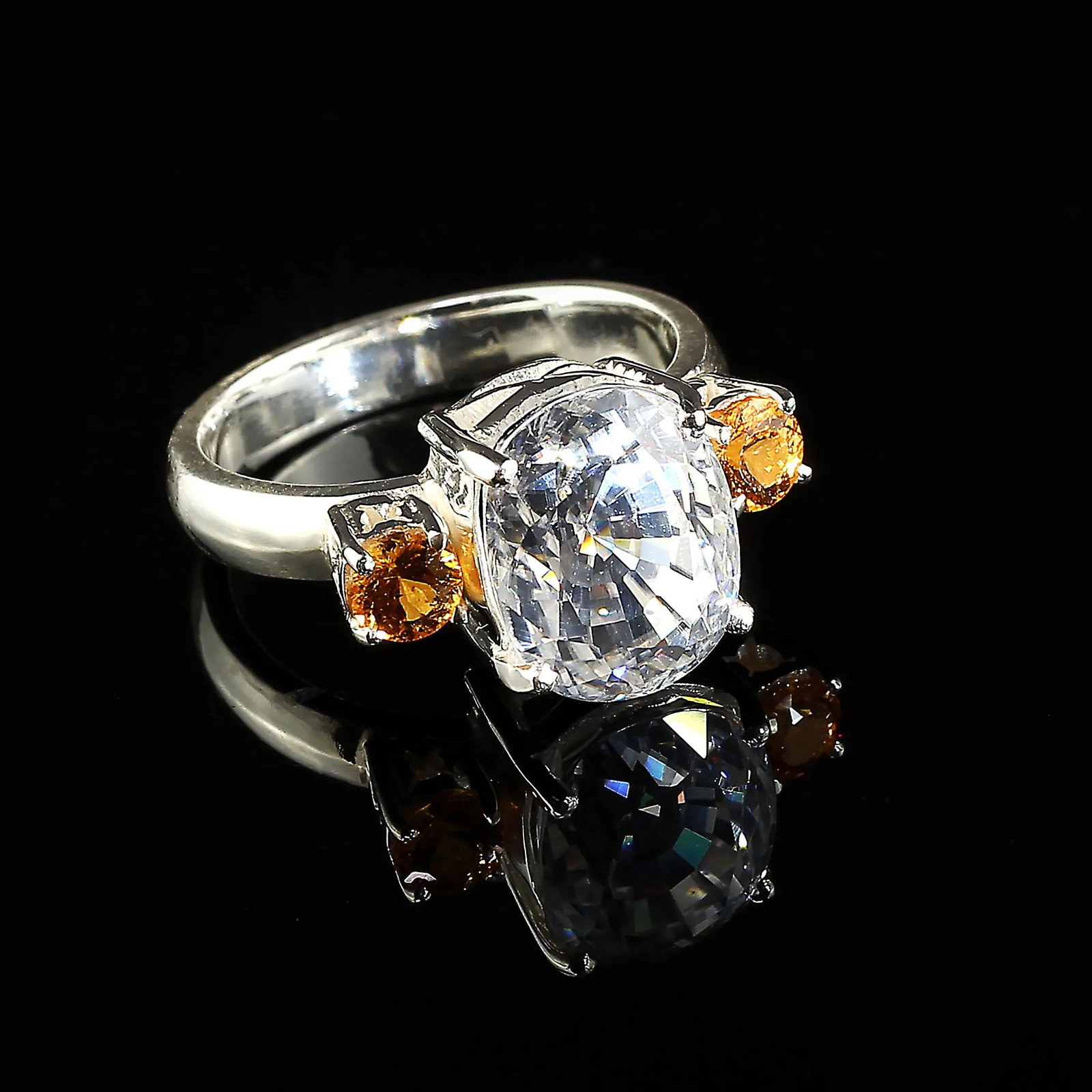White Genuine Zircon and Mandarin Garnet Ring - 3