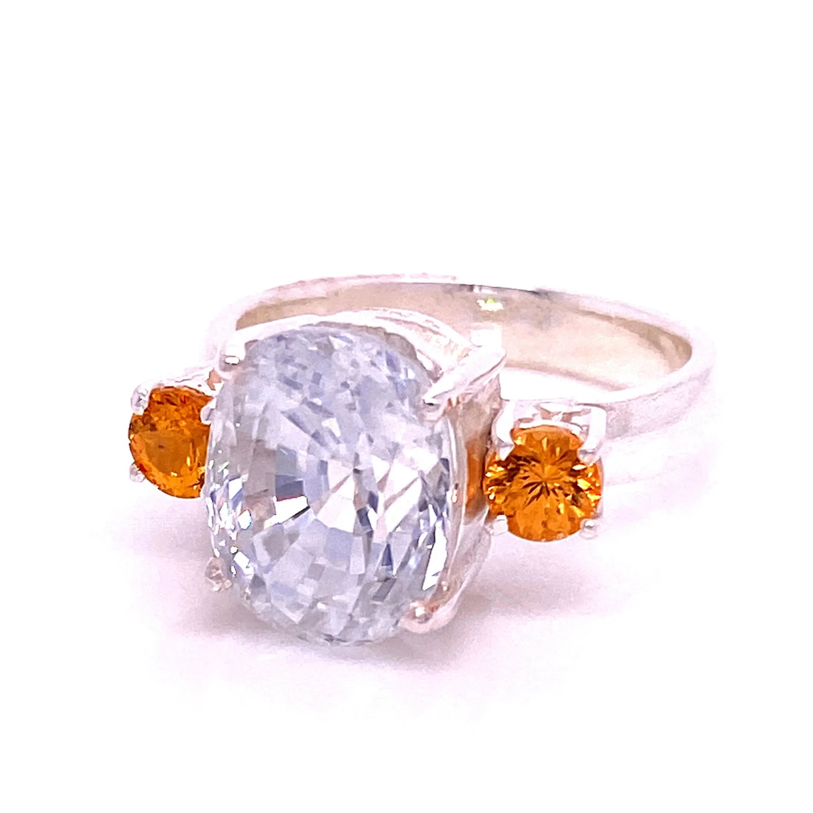 White Genuine Zircon and Mandarin Garnet Ring - 7