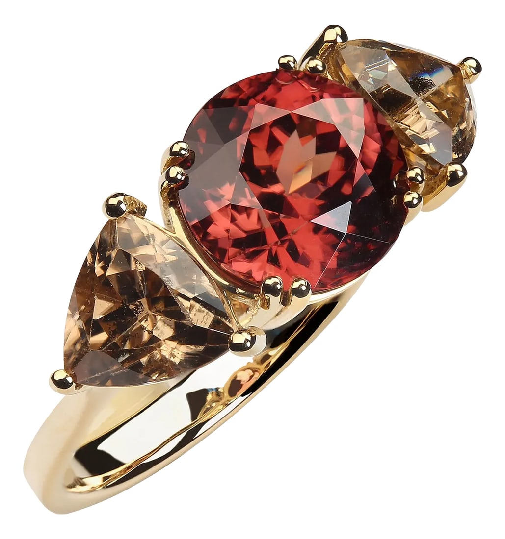 Red and Smoky Cambodian Zircon Dinner Ring in 14k Yellow Gold: Custom Made 14K Yellow Gold Ring with Natural Cambodian Zircons – A Unique Statement Piece Elevate your jewelry collection with this exquisite custom-made 14K yellow gold ring, designed to