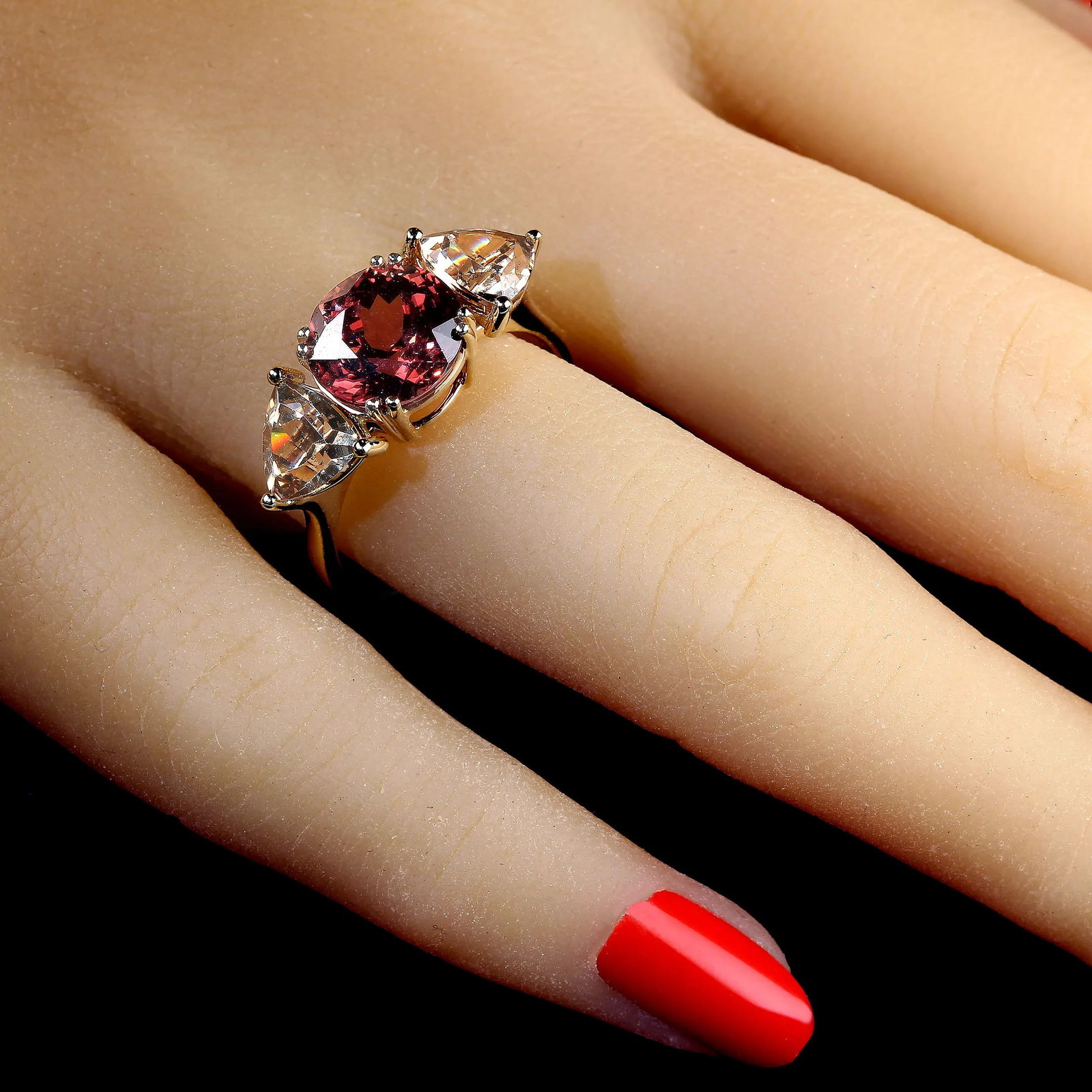 Red and Smoky Cambodian Zircon Dinner Ring in 14k Yellow Gold - 2