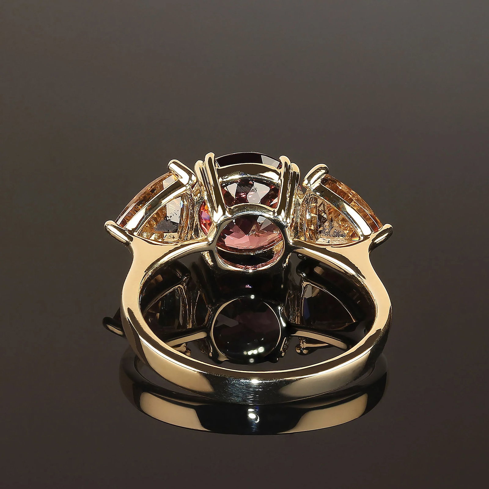 Red and Smoky Cambodian Zircon Dinner Ring in 14k Yellow Gold - 3