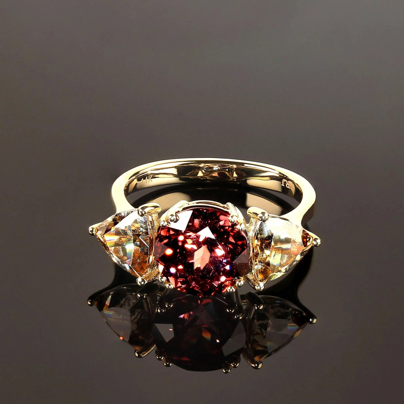 Red and Smoky Cambodian Zircon Dinner Ring in 14k Yellow Gold - 5