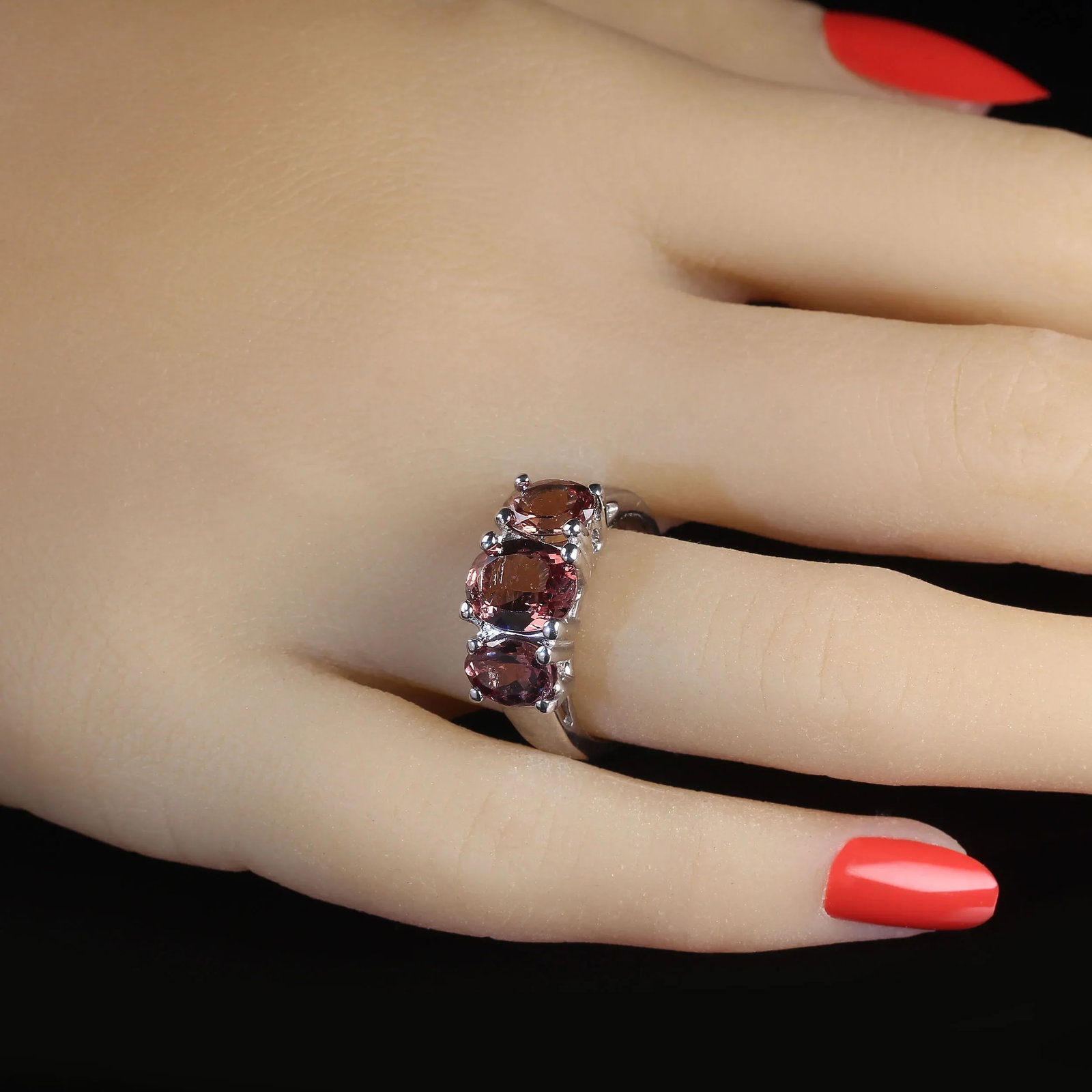 Three Stone Color Shift Garnet Ring in 14k White Gold Setting January Birthstone - 2