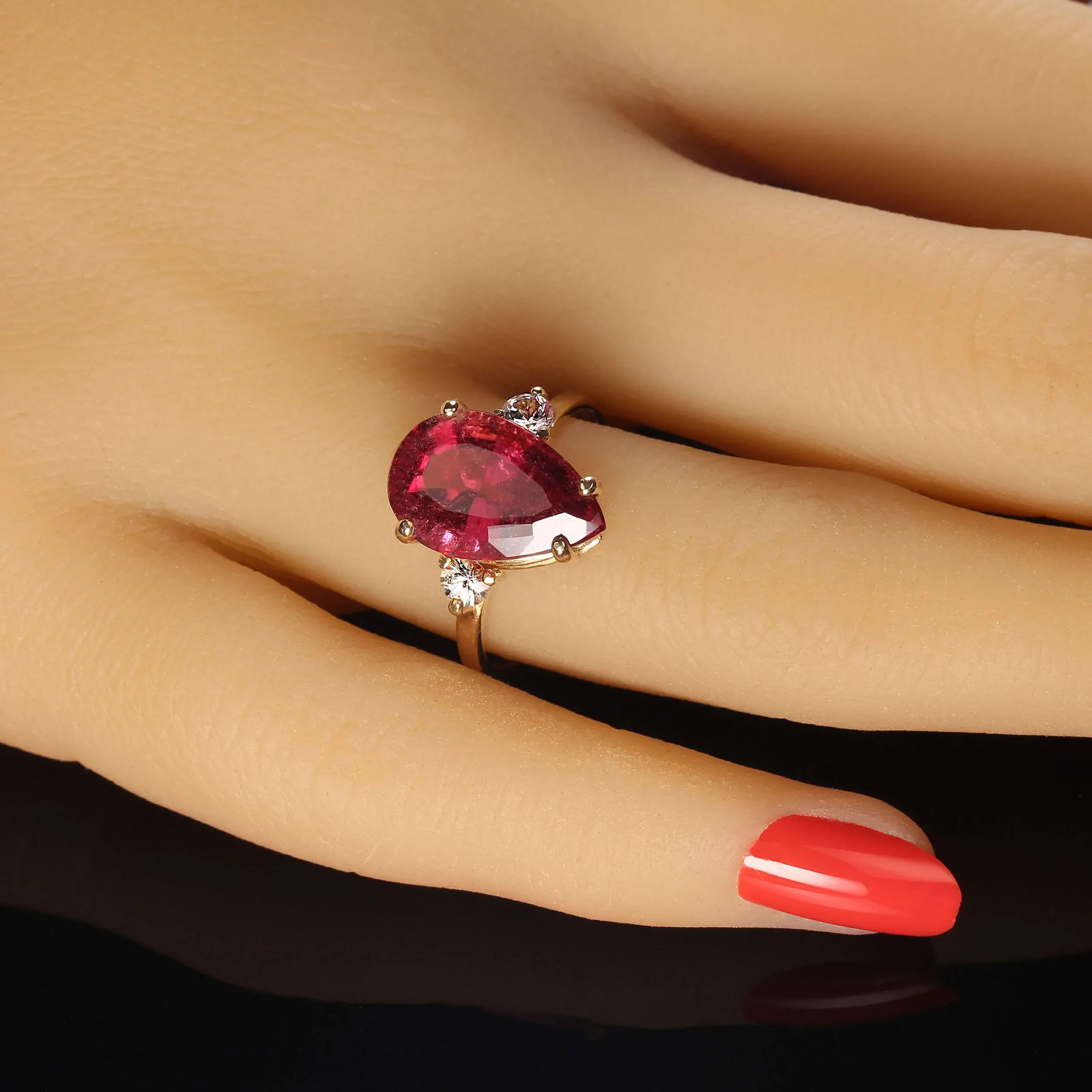 Sparkling Pinky/Red Rubelite & White Sapphires in 14k Gold Ring - 2