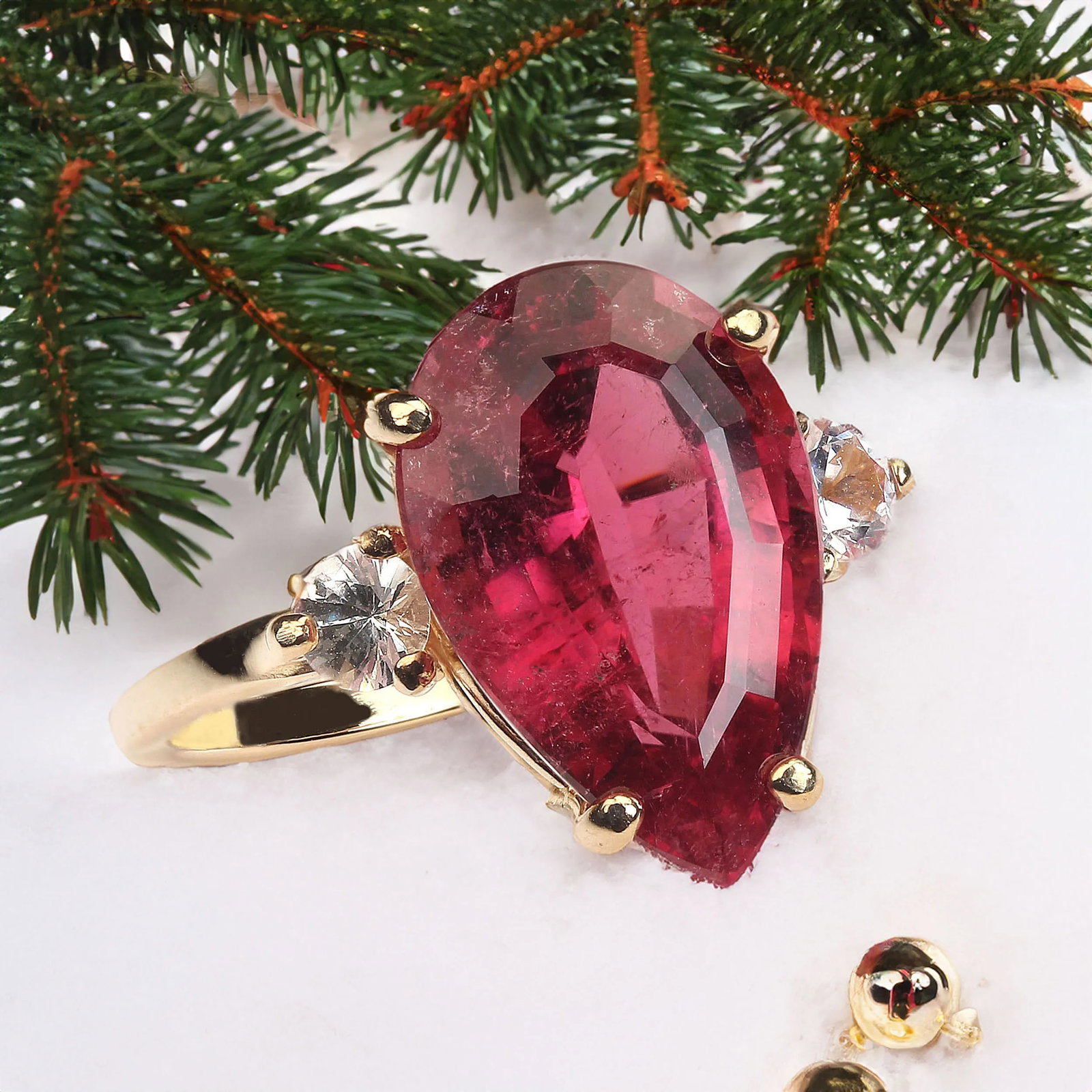 Sparkling Pinky/Red Rubelite & White Sapphires in 14k Gold Ring - 7