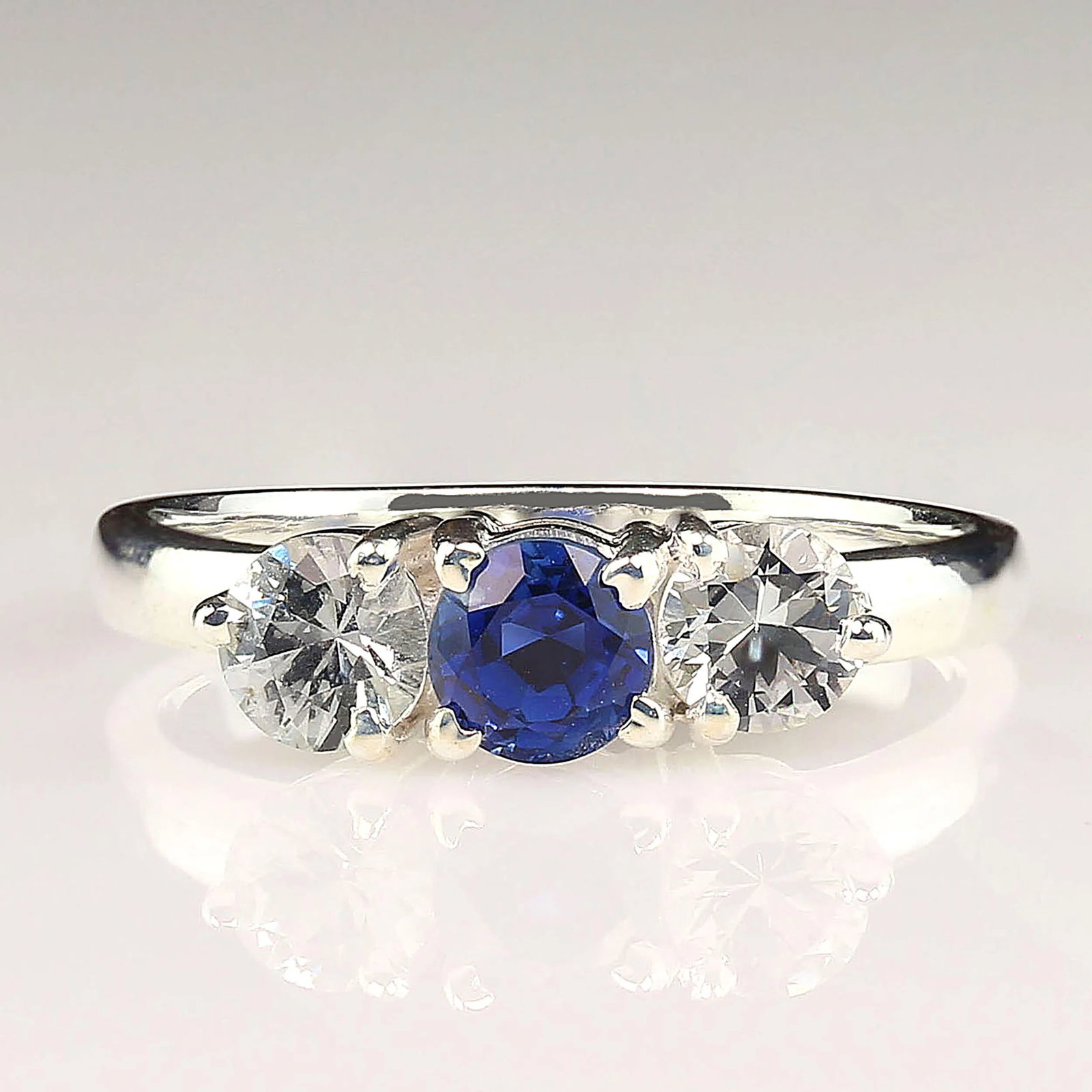 Sparkling Classic Three-Stone Blue and White Sapphire Ring - 5