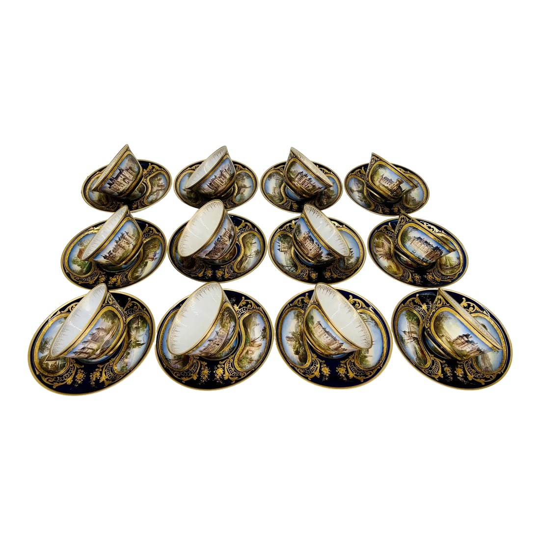 Phenomenal 12 Sevres 19th C, Chateau Des Tuileries 1846 Chateau Scene Cup Saucer: Sevres, 24 Pieces (12 Sets) Circa 1846. Made for the Chateau Des Tuileries service. Each extraordinary teacup is features a pristine hand painted surface of a Famous Chateau in France and the Saucers