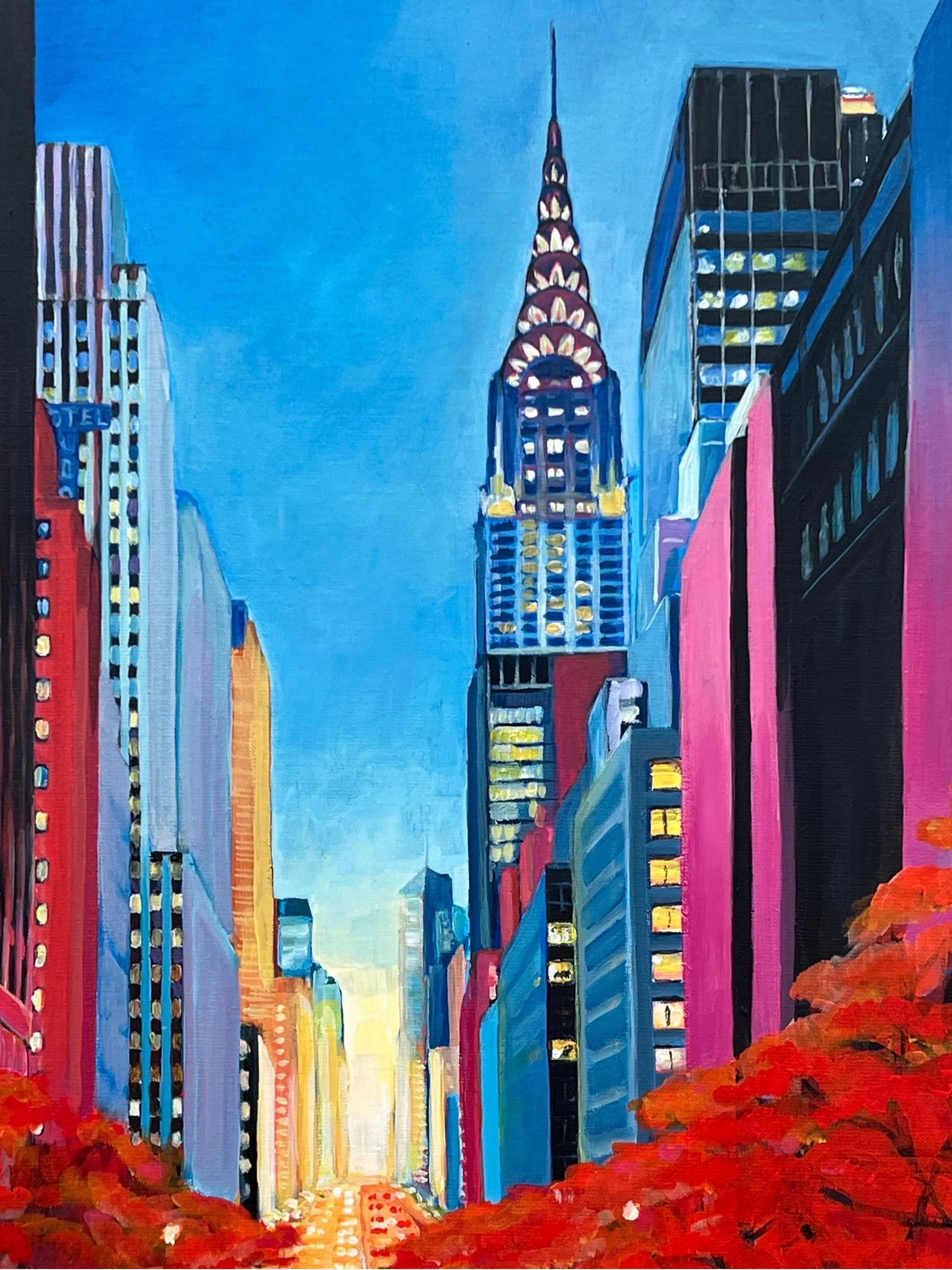 Painting of the Chrysler Building 42nd Street New York City Using Blue Reds Yellows Purples - 12