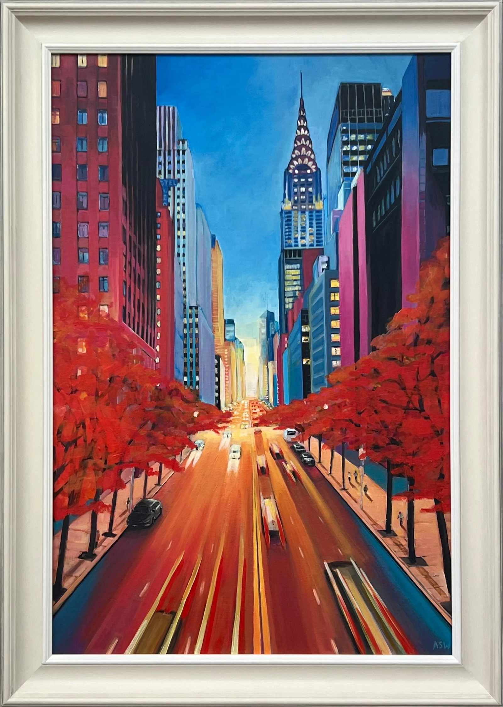 Painting of the Chrysler Building 42nd Street New York City Using Blue Reds Yellows Purples: Painting of the Chrysler Building 42nd Street New York City by Contemporary British Artist, Angela Wakefield. Art measures 24 x 36 inches Frame measures 30 x 42 inches This original painting depicts