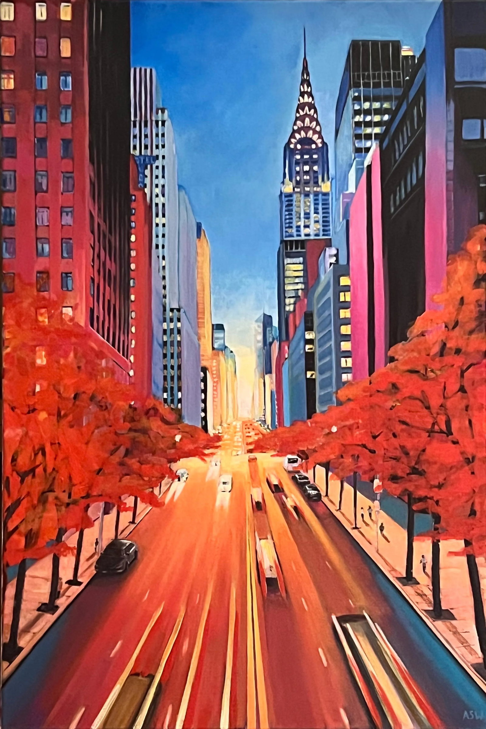 Painting of the Chrysler Building 42nd Street New York City Using Blue Reds Yellows Purples - 8