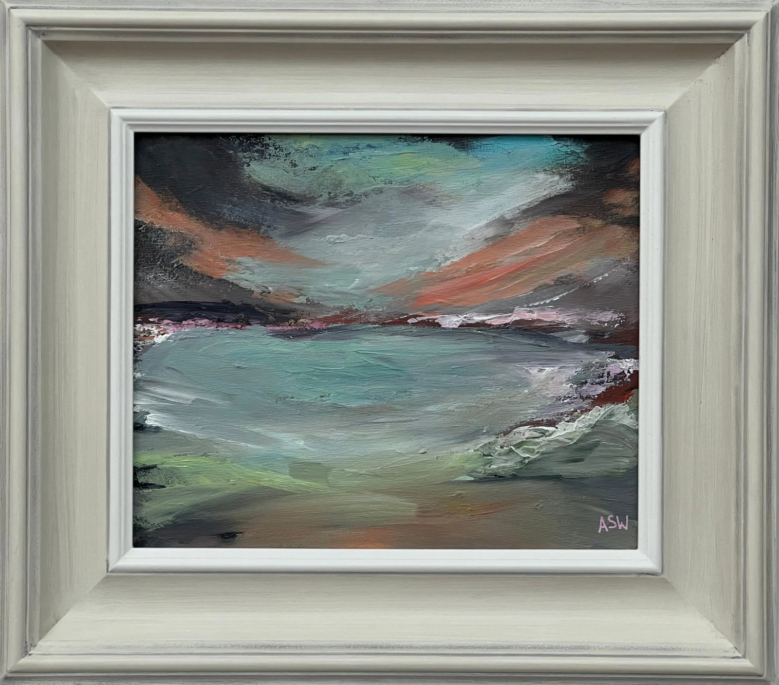 Twilight Serenity - Atmospheric Abstract Sea Landscape by British Artist, 2024, Framed: Twilight Serenity - Atmospheric Abstract Sea Landscape by Contemporary British Artist, Angela Wakefield. Art measures 12 x 10 inches Frame measure 18 x 16 inches This striking painting is a masterful 