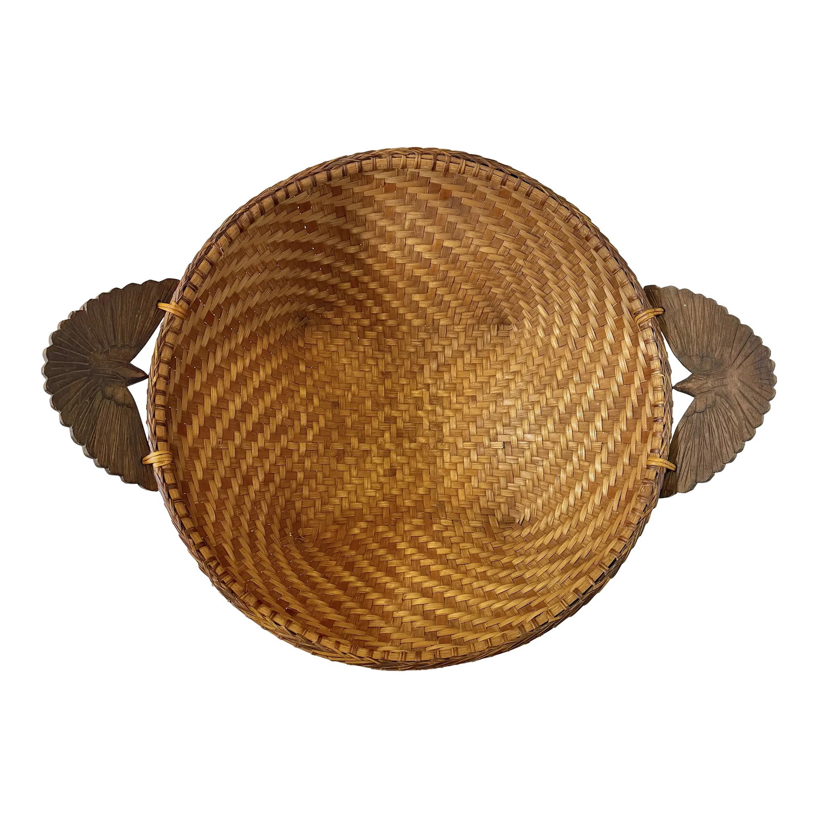 Vintage Monumental Hand-Woven Splint Wood Quatrefoil Shaped Basket With Carved Eagle Handles: Discover a stunning piece of traditional craftsmanship with this rare hand-woven splint wood basket, featuring beautifully carved eagle handles. No makers Mark. Likely crafted in the United States or 