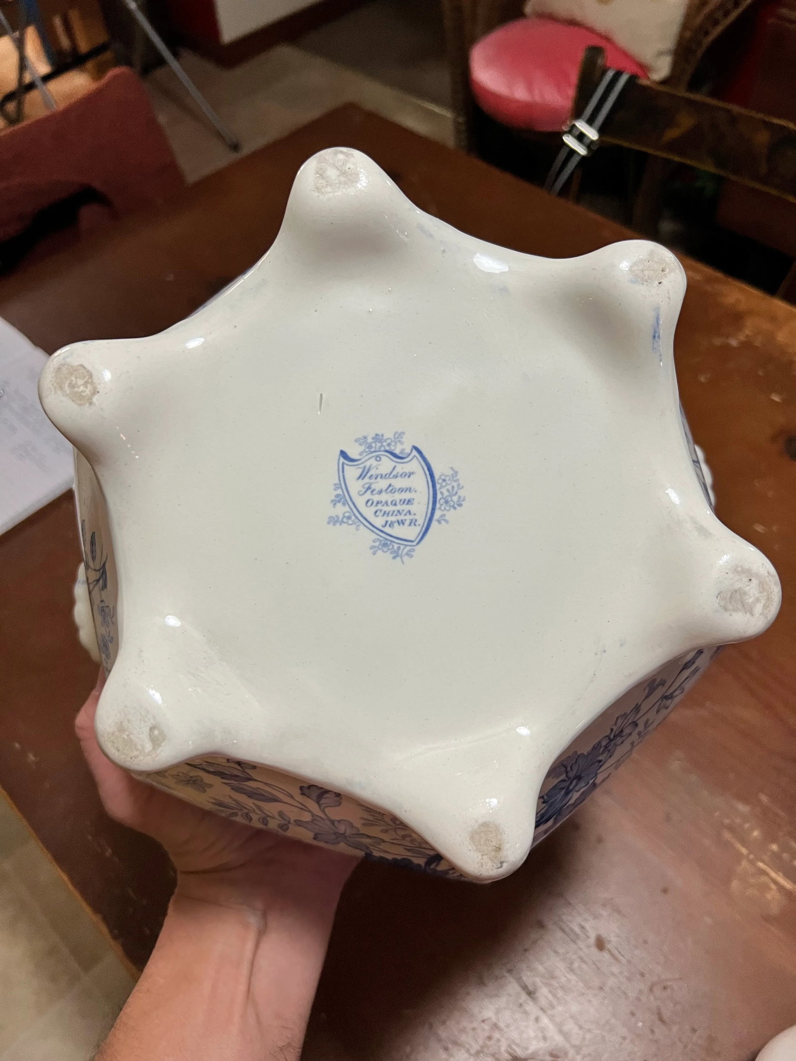 Antique English Staffordshire Blue Transfer Decorated Soup Tureen "Windsor Festoon" - 11