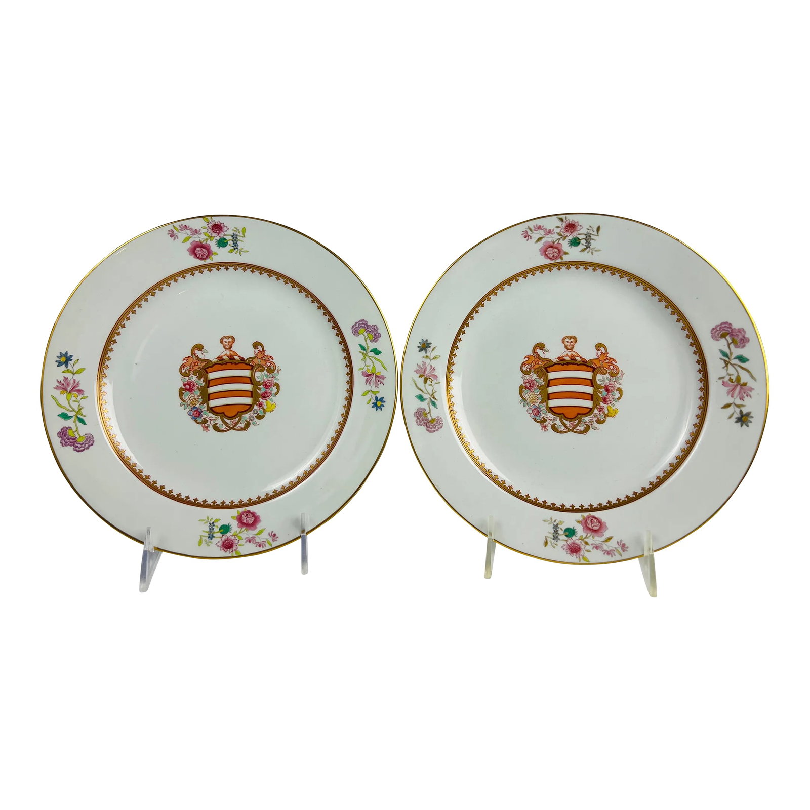 Pair, Early 19th Century Davenport Armorial Porcelain 9" Plates: This elegant pair of early 19th-century porcelain plates by Davenport exemplifies the sophistication and craftsmanship for which the English manufactory was renowned. Each 9-inch plate is beautifully