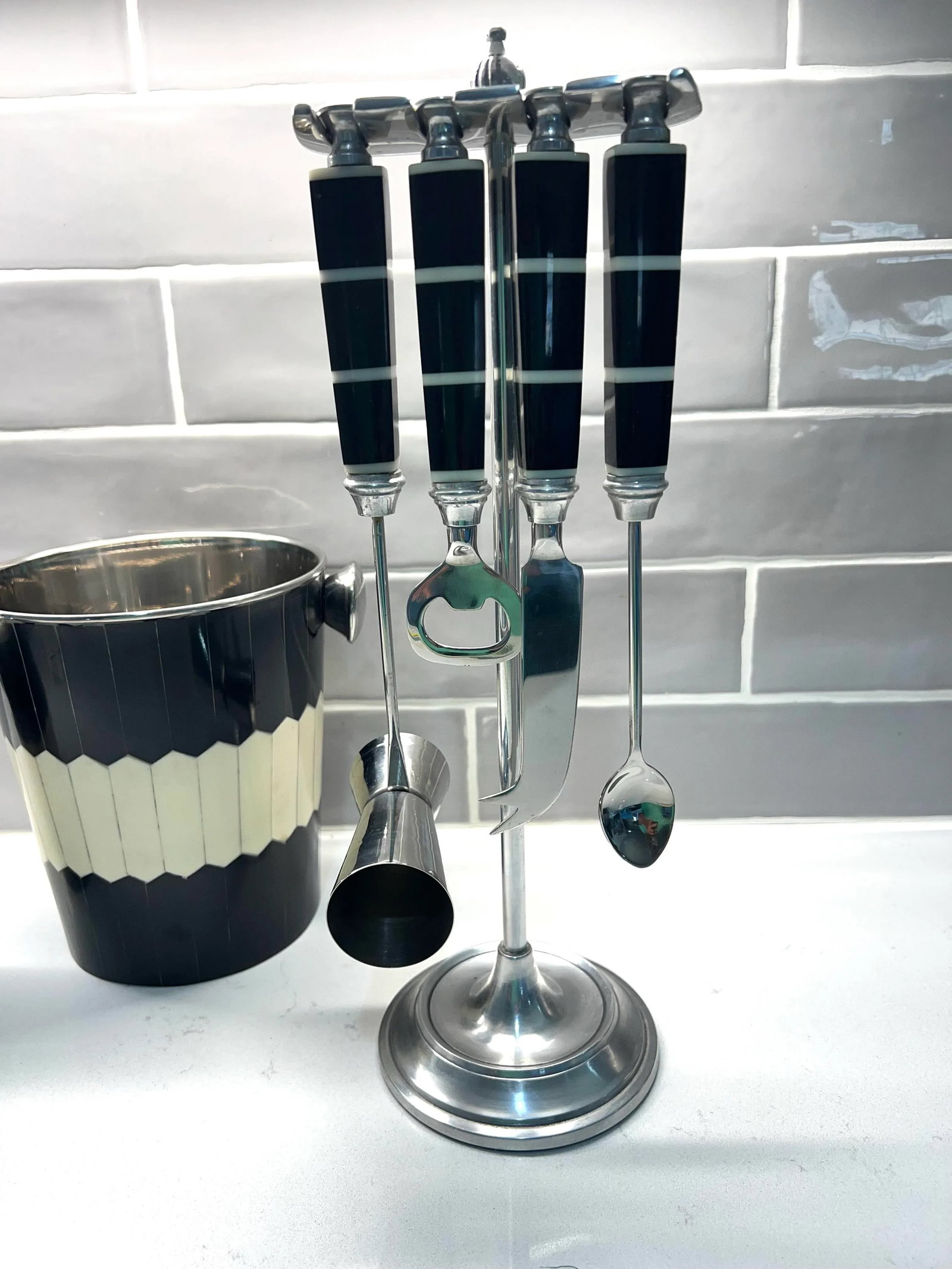 Black & White Bone Inlay Bar Set With Ice Bucket, Cocktail Shaker and Tool Set - 11