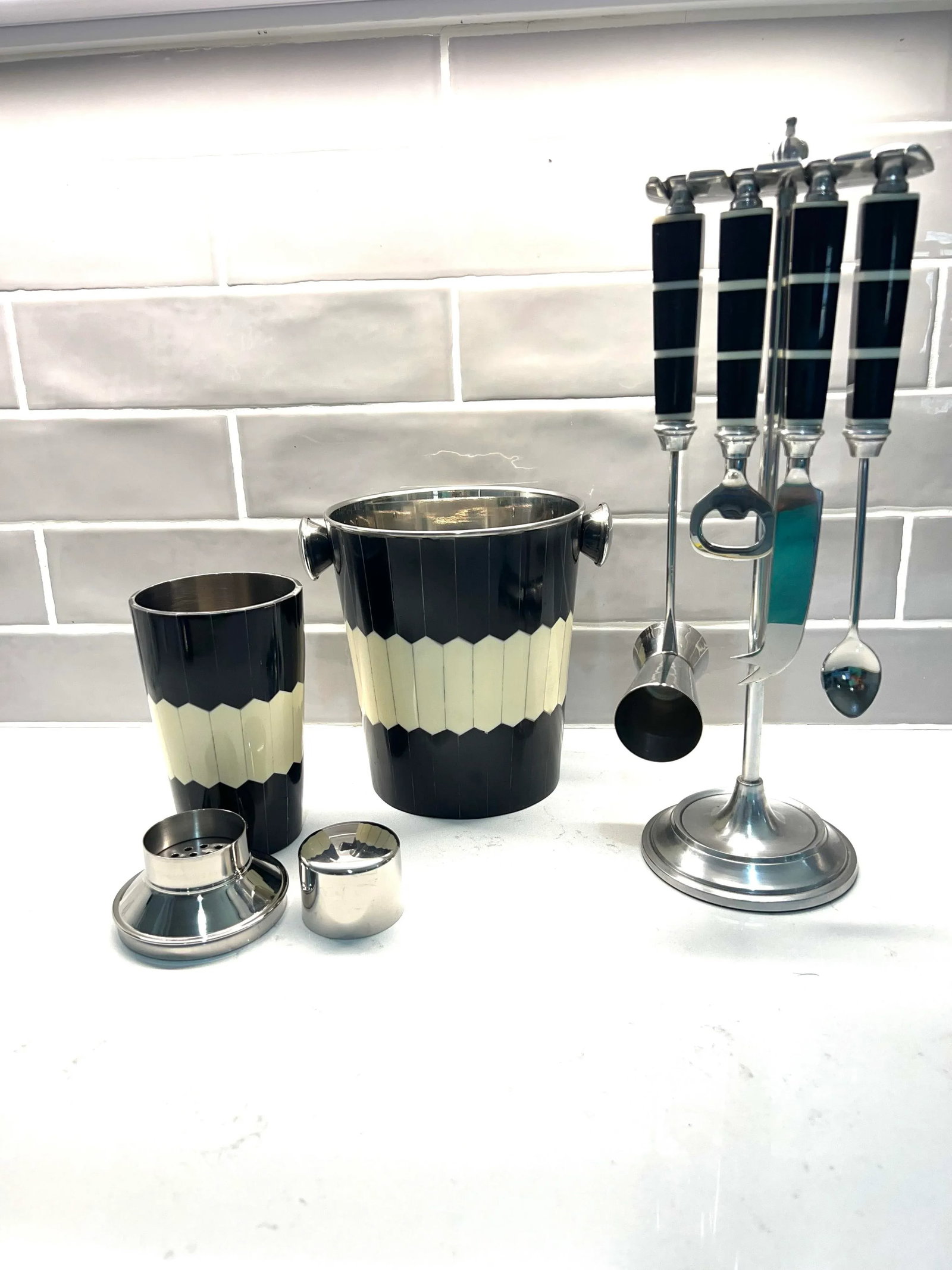 Black & White Bone Inlay Bar Set With Ice Bucket, Cocktail Shaker and Tool Set - 12