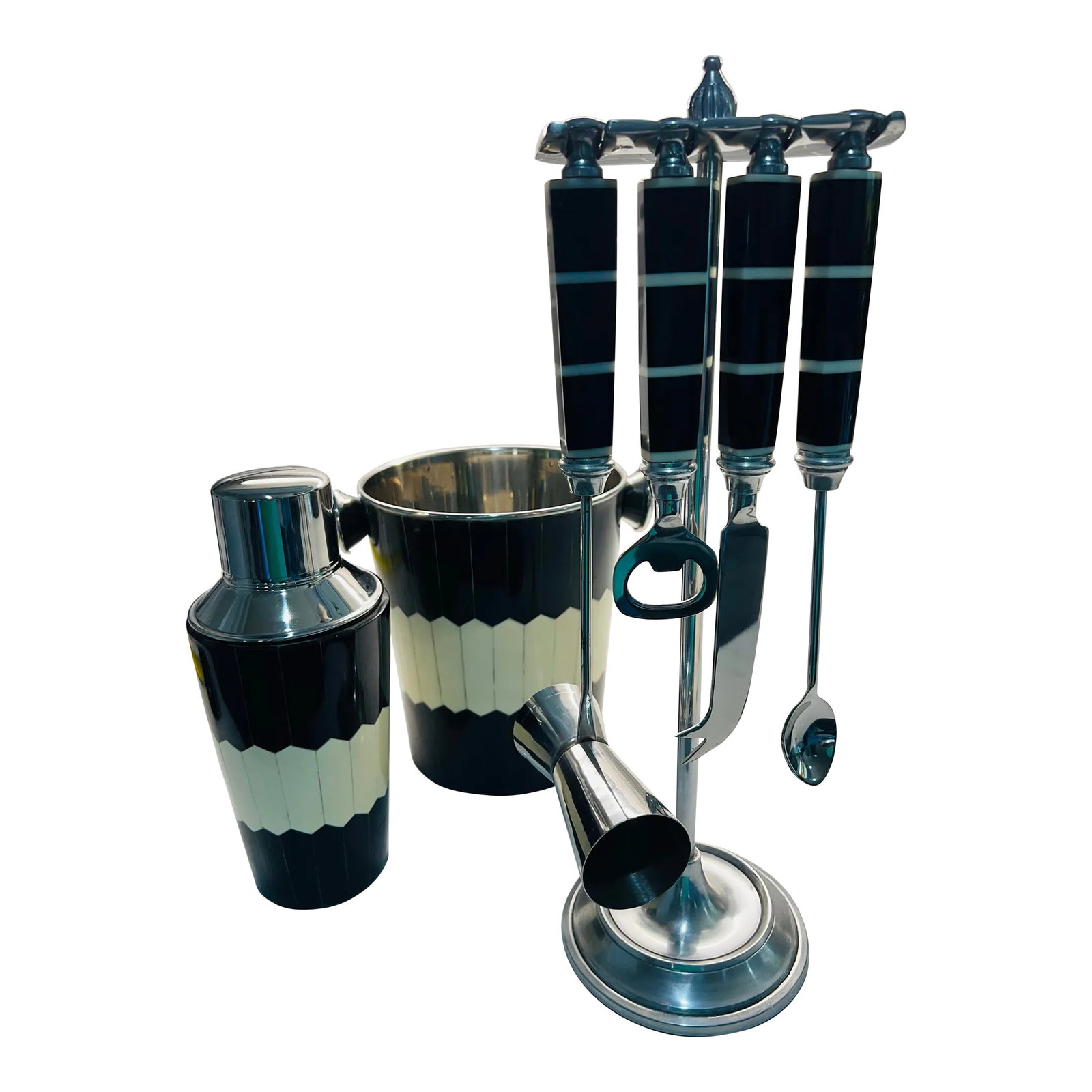 Black & White Bone Inlay Bar Set With Ice Bucket, Cocktail Shaker and Tool Set: Beautiful bar set in stainless with black and white bone inlay covering. Set includes a cocktail shaker, an ice bucket and a 4 piece bar tool set on a stand. The bar tools included are a jigger, a