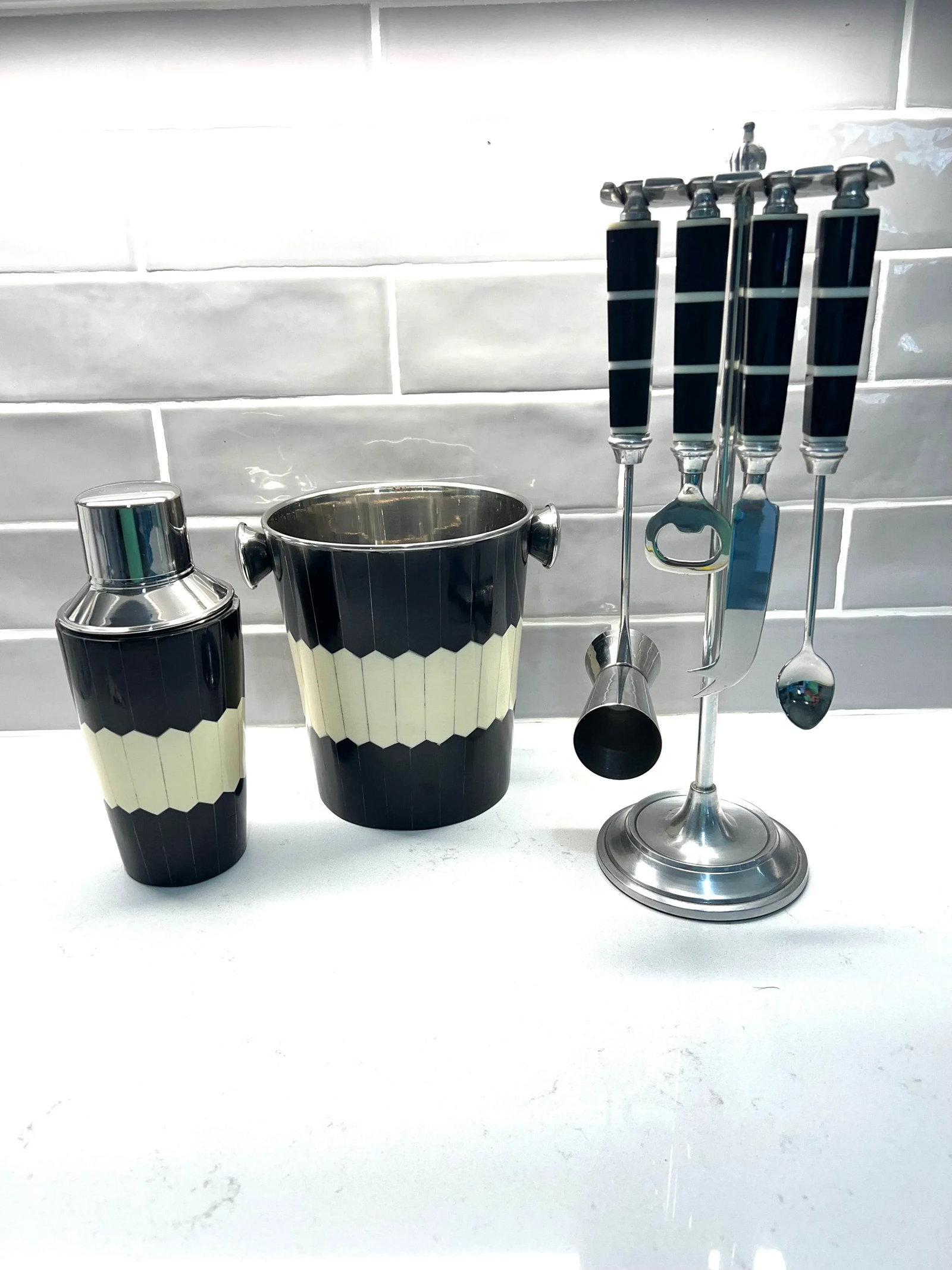 Black & White Bone Inlay Bar Set With Ice Bucket, Cocktail Shaker and Tool Set - 2