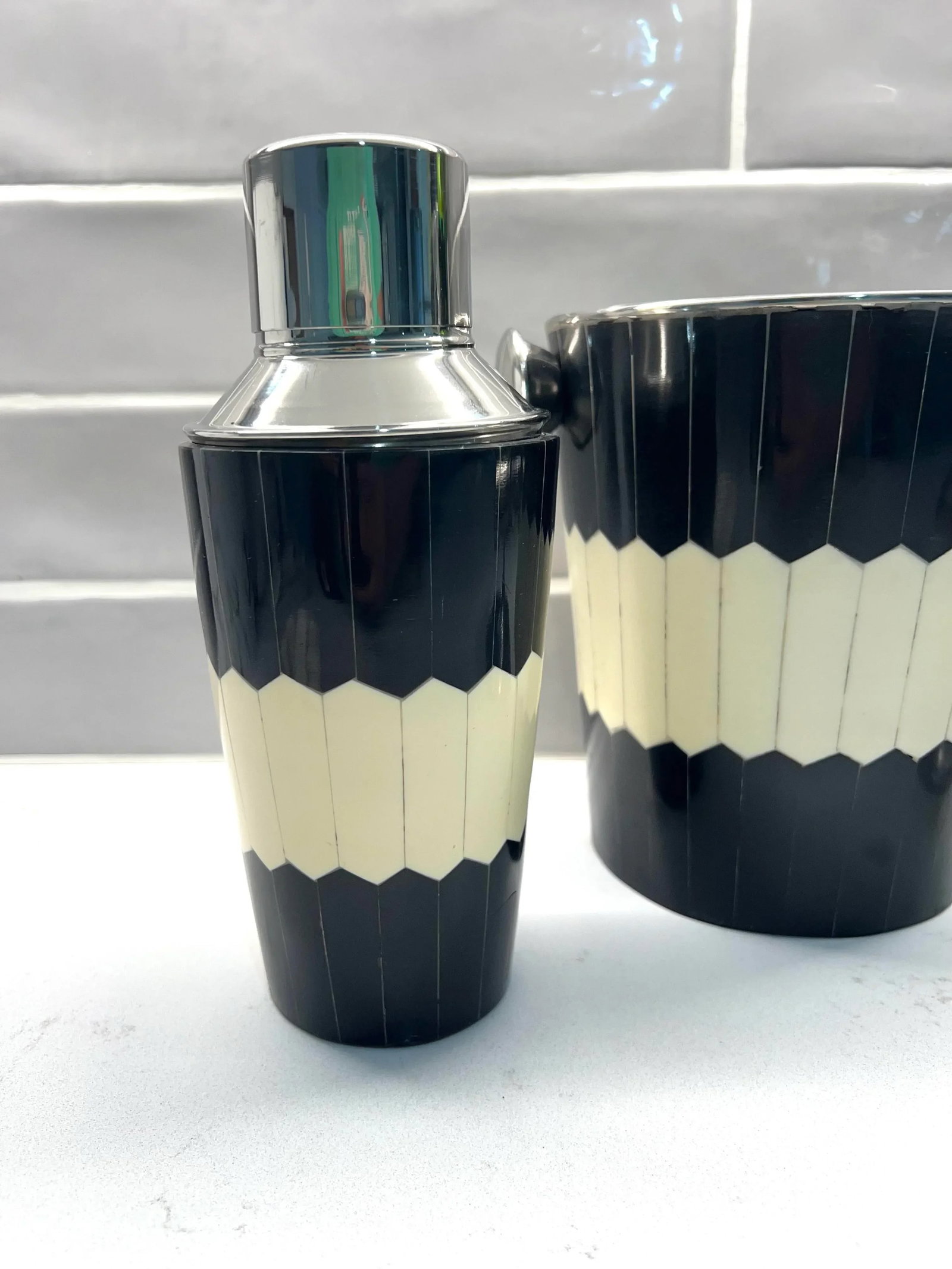 Black & White Bone Inlay Bar Set With Ice Bucket, Cocktail Shaker and Tool Set - 3