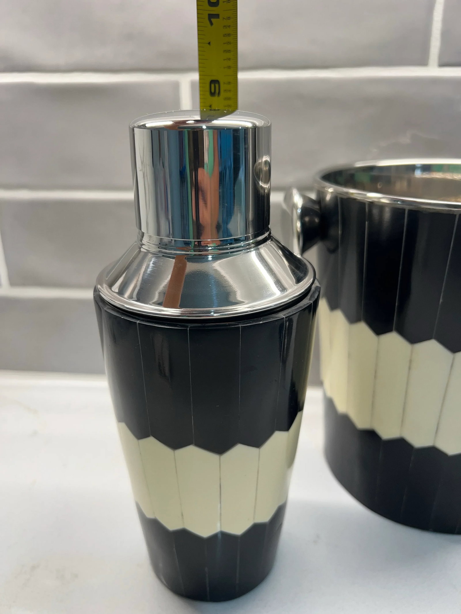 Black & White Bone Inlay Bar Set With Ice Bucket, Cocktail Shaker and Tool Set - 6
