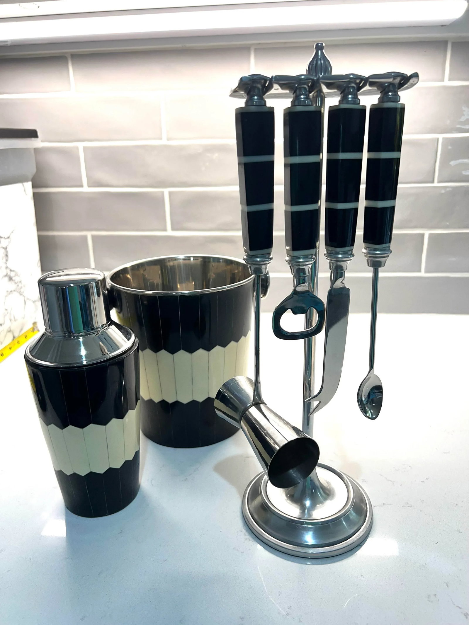 Black & White Bone Inlay Bar Set With Ice Bucket, Cocktail Shaker and Tool Set - 9