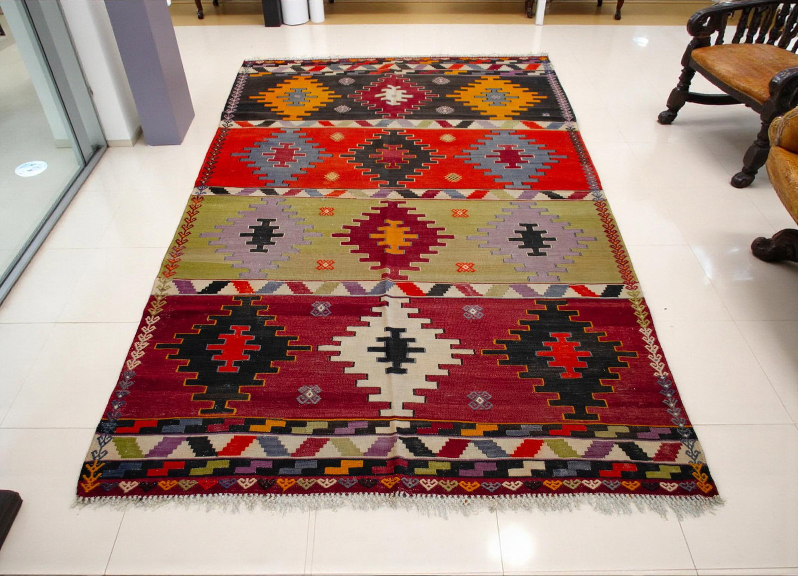Vintage Handwoven Turkish Kilim Flat Weave Rug – Collector's Boho Decor & Farmhouse Statement - 2
