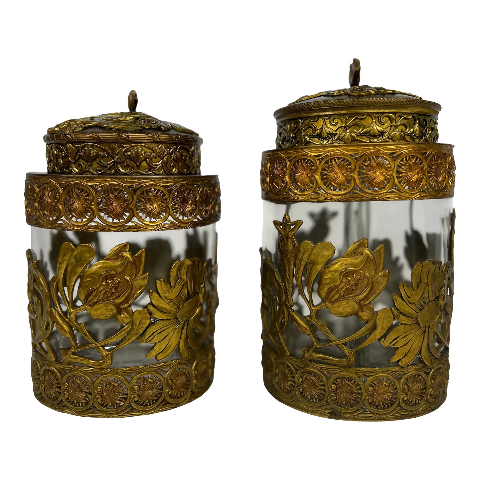 Fine Gentleman's Gilt Bronze Liquor and Cigar Set Art Nouveau Period C. 1900: This exquisite antique liquor and humidor set combines delicate craftsmanship and functional elegance. Each piece is crafted from clear glass encased in gilded bronze filigree, showcasing intricate