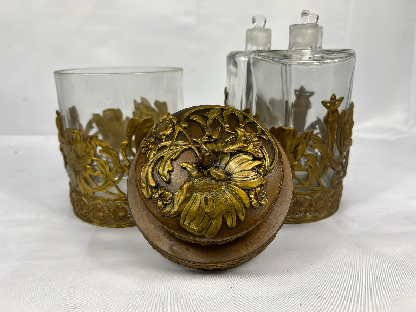 Fine Gentleman's Gilt Bronze Liquor and Cigar Set Art Nouveau Period C. 1900 - 5