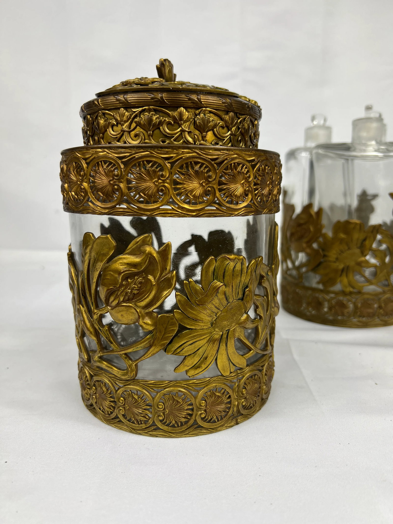 Fine Gentleman's Gilt Bronze Liquor and Cigar Set Art Nouveau Period C. 1900 - 9