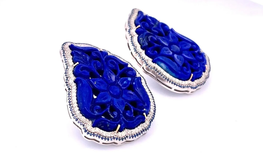 1980s Carved Lapis Lazuli Pierced Earrings, A Pair - 10
