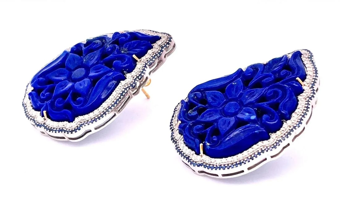 1980s Carved Lapis Lazuli Pierced Earrings, A Pair - 11