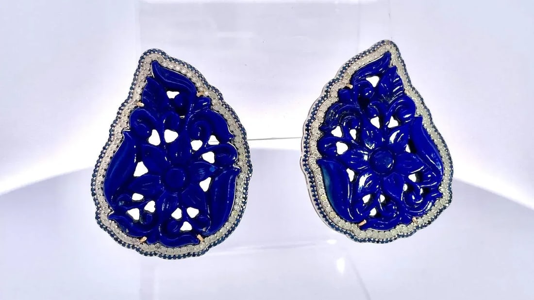 1980s Carved Lapis Lazuli Pierced Earrings, A Pair - 12