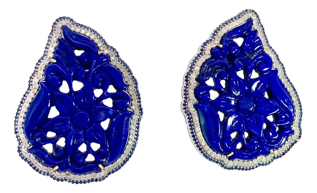 1980s Carved Lapis Lazuli Pierced Earrings, A Pair: These Lapis Lazuli Earrings are special. They are carved beautifully and have little to no pyrite so they are very clean. These measure 1.5" x 1.25" or 4cm x 3 cm and weigh 20.62 grams. The open cut p