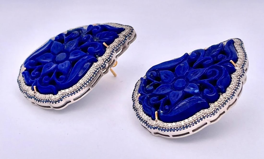 1980s Carved Lapis Lazuli Pierced Earrings, A Pair - 2
