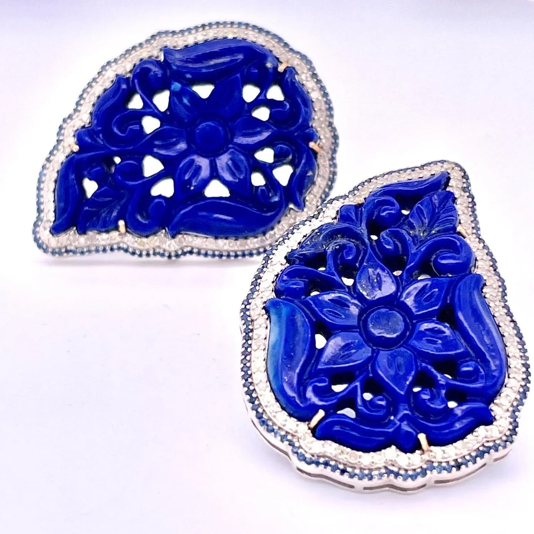 1980s Carved Lapis Lazuli Pierced Earrings, A Pair - 3