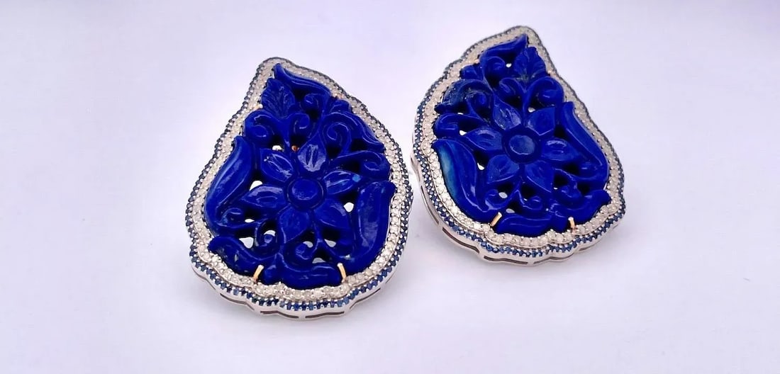 1980s Carved Lapis Lazuli Pierced Earrings, A Pair - 6