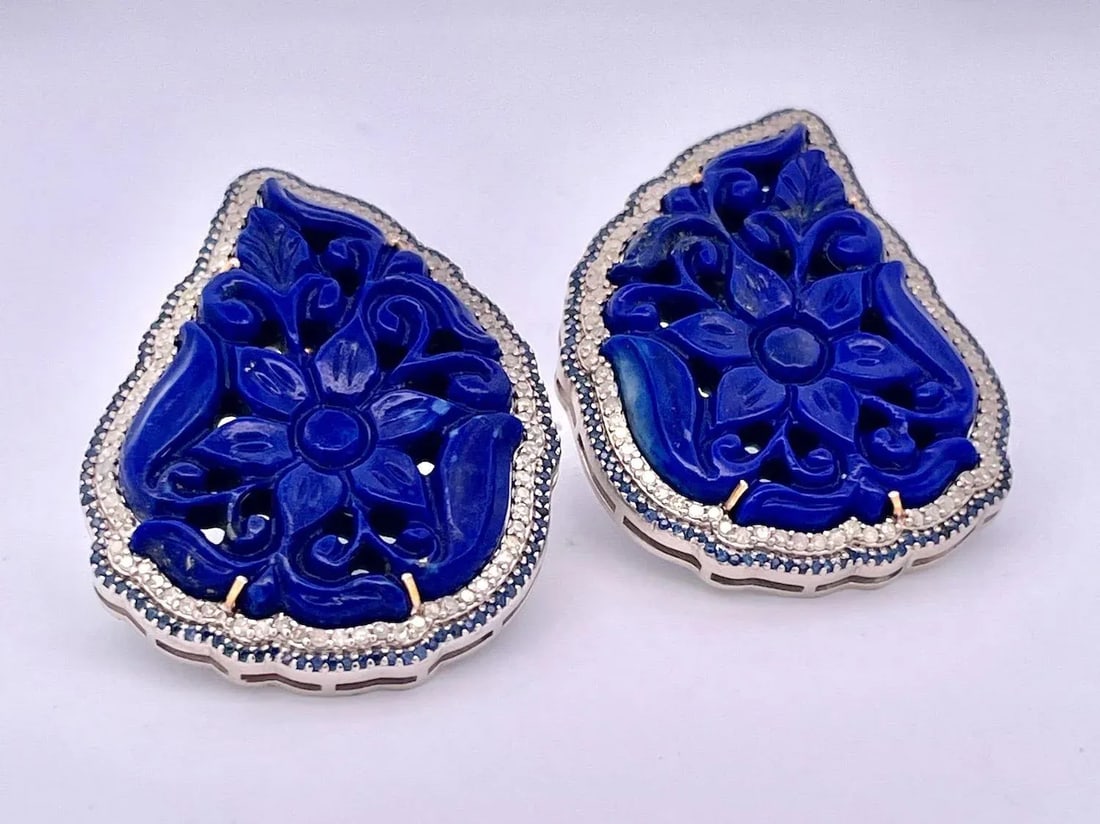 1980s Carved Lapis Lazuli Pierced Earrings, A Pair - 7