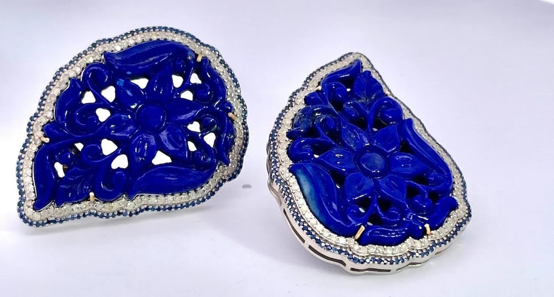 1980s Carved Lapis Lazuli Pierced Earrings, A Pair - 8
