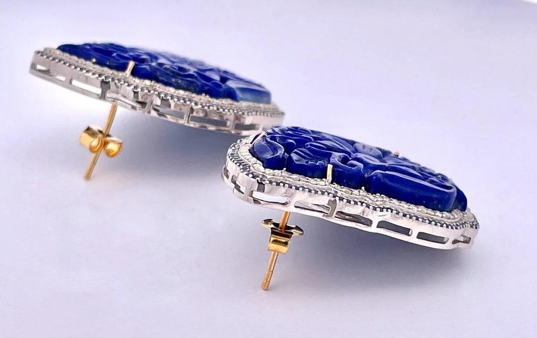 1980s Carved Lapis Lazuli Pierced Earrings, A Pair - 9