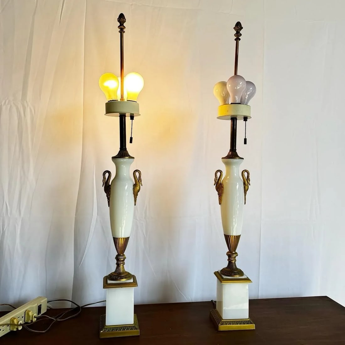 Antique French Opaline White Glass and Gold Lamps - a Pair - 3