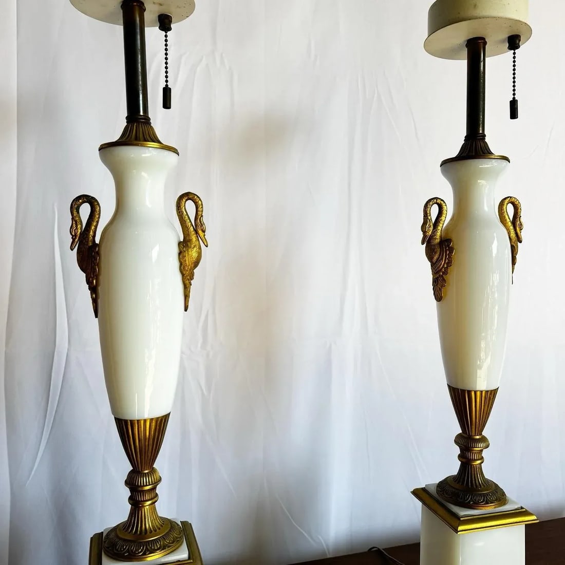 Antique French Opaline White Glass and Gold Lamps - a Pair - 4