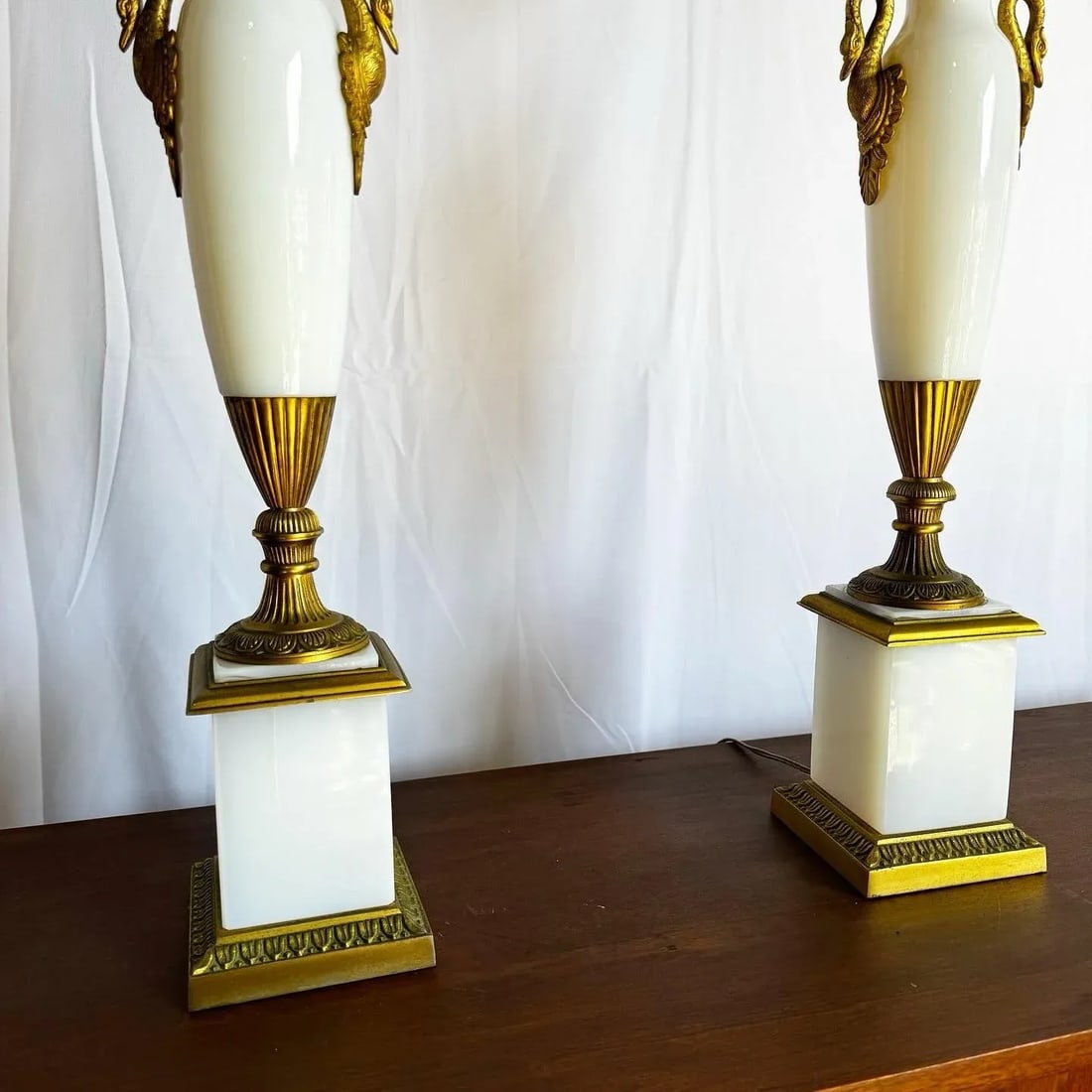 Antique French Opaline White Glass and Gold Lamps - a Pair - 5