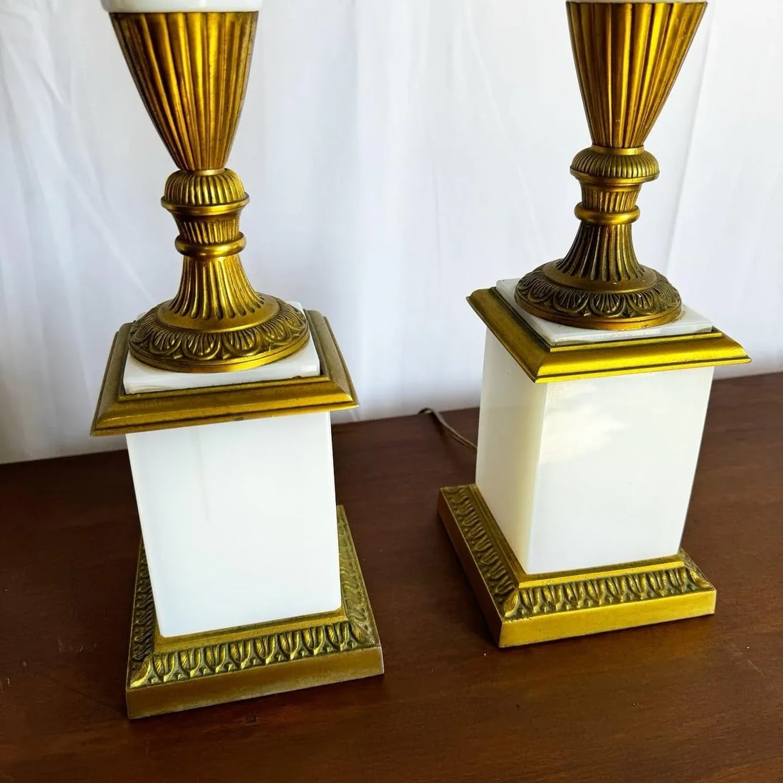 Antique French Opaline White Glass and Gold Lamps - a Pair - 6