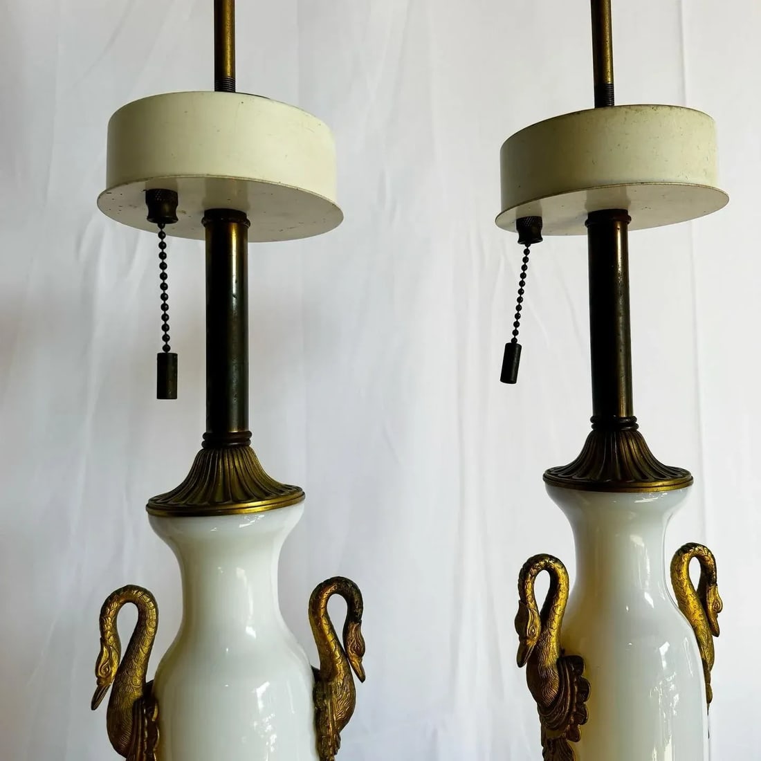 Antique French Opaline White Glass and Gold Lamps - a Pair - 9