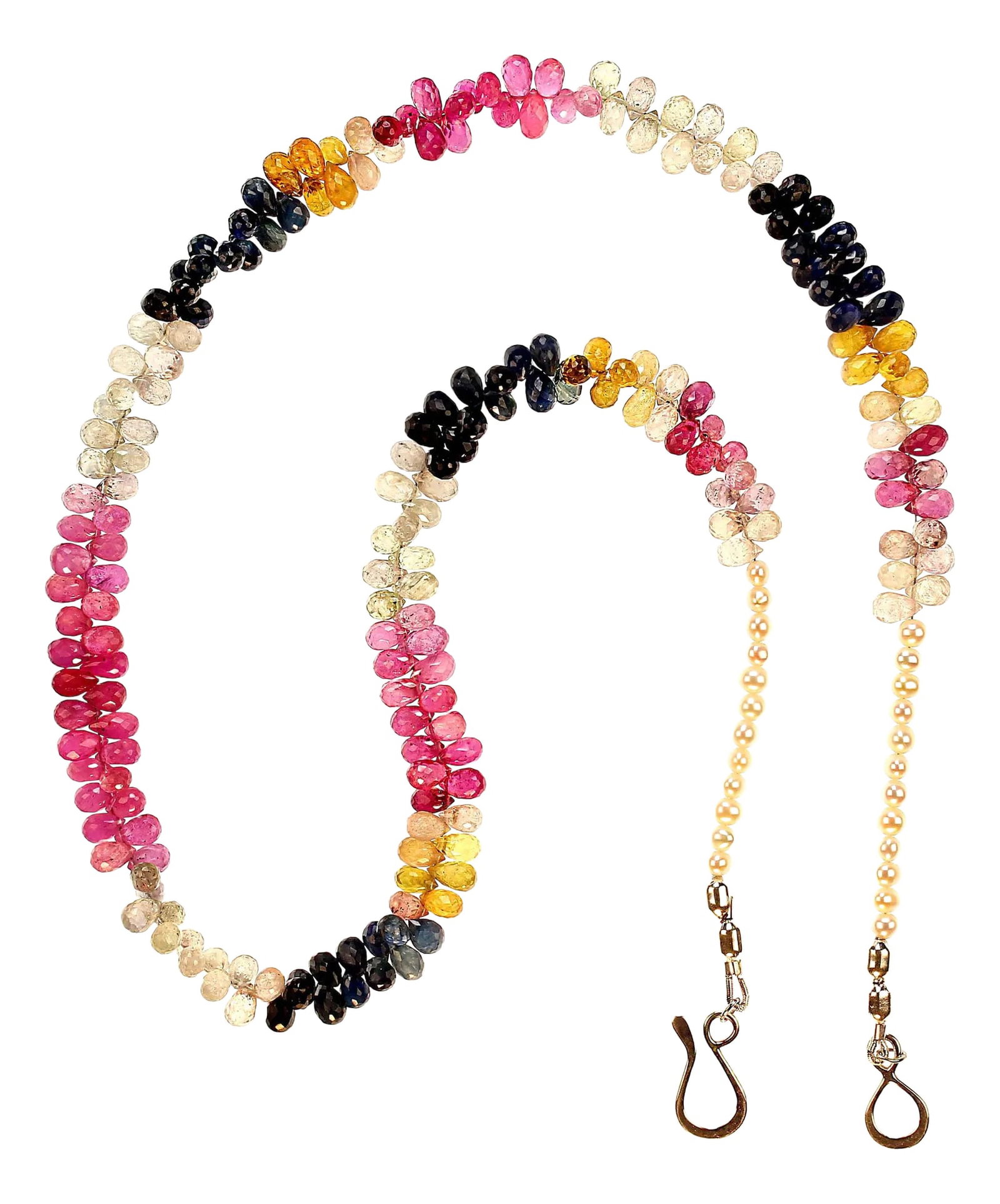 Multi Color Faceted Briolette Sapphire Necklace With Pearls: Elegant Multi-Color Sapphire Necklace with Historical Charm Sapphires have captivated humanity for centuries, treasured by royalty, spiritual leaders, and gem enthusiasts alike. Known as symbols of wi